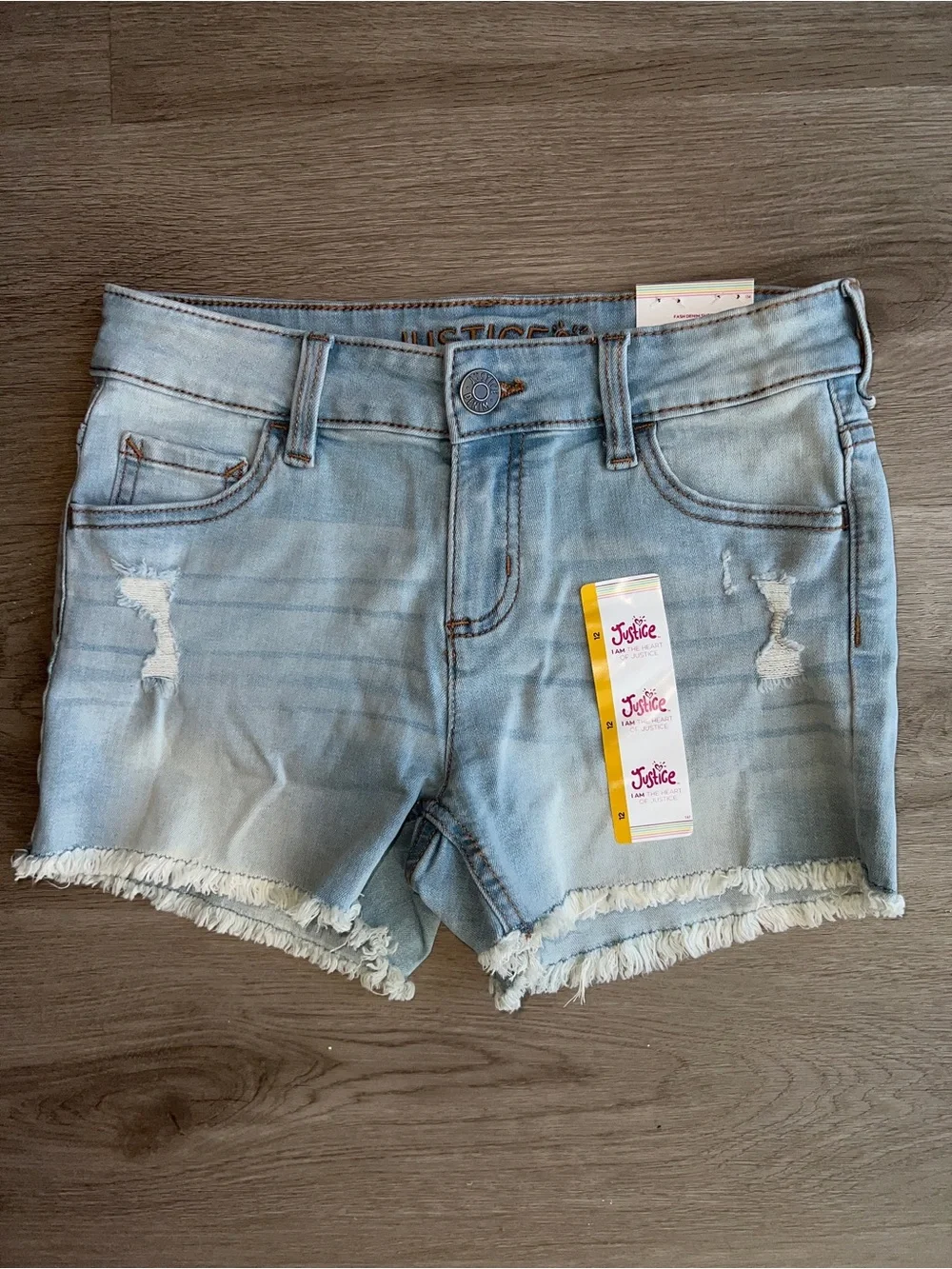 Justice Girls Distressed Classic Denim Jean Shorts Raw Hem Size 12 Soft Stretchy
